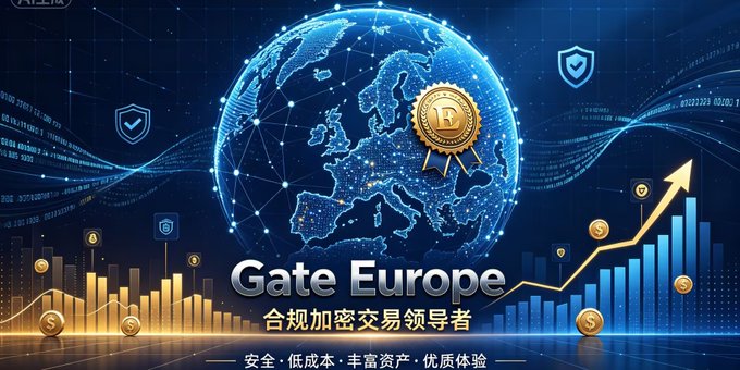 Promotional graphic for Gate Europe cryptocurrency exchange, featuring a digital globe with a Bitcoin emblem and Chinese text reading 'Gate Europe 合规加密交易领导者' (compliant crypto trading leader), emphasizing safety, low cost, and quality experience.