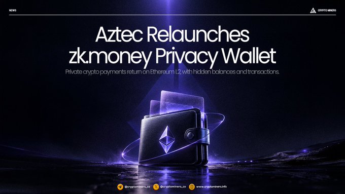A news banner announcing 'Aztec Relaunches zk.money Privacy Wallet' with the subtitle 'Private crypto payments return on Ethereum L2 with hidden balances and transactions,' branded with Crypto News.