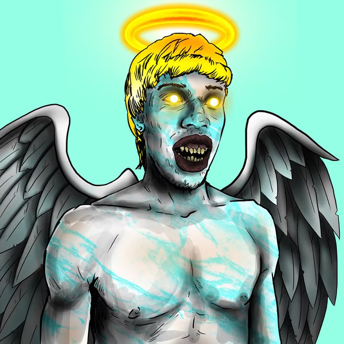 A digital illustration of a demonic angel figure with glowing yellow eyes, sharp teeth, a yellow halo, and black wings against a teal background.