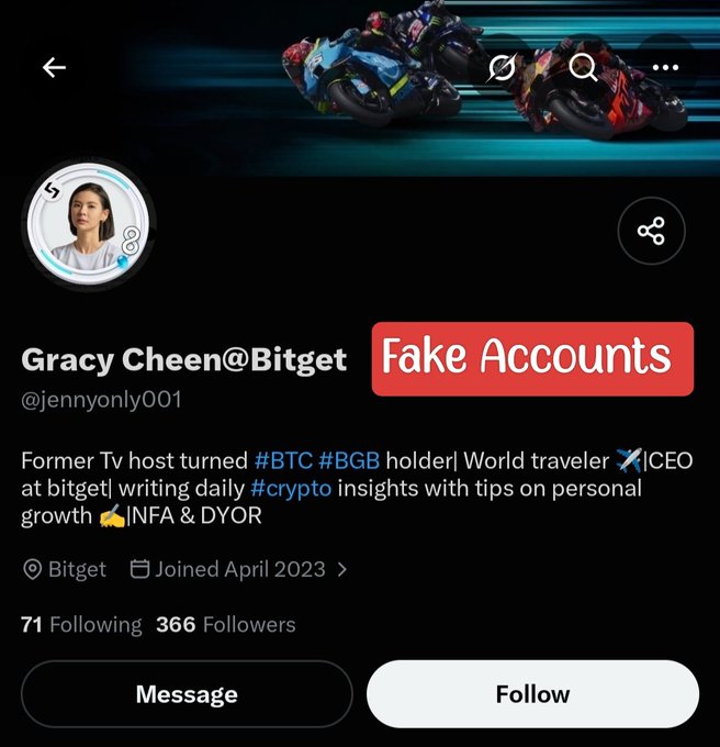 A Twitter/X profile for 'Gracy Cheen@Bitget' (@jennyonly001) showing a bio about being a former TV host turned #BTC #BGB holder at Bitget, with a red 'Fake Accounts' label overlaid.