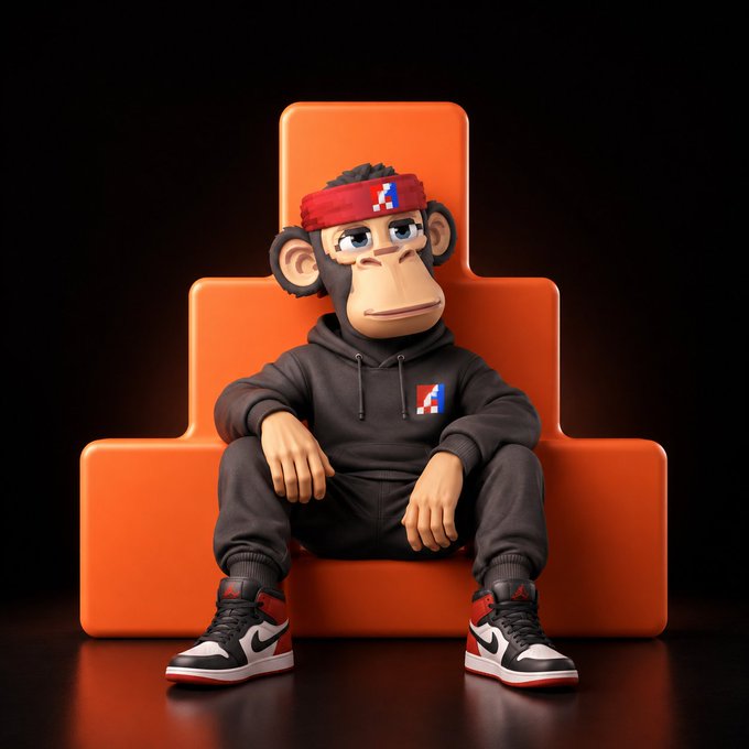 3D-rendered cartoon monkey character wearing a black hoodie, red headband, and Jordan sneakers, seated on an orange chair against a black background.