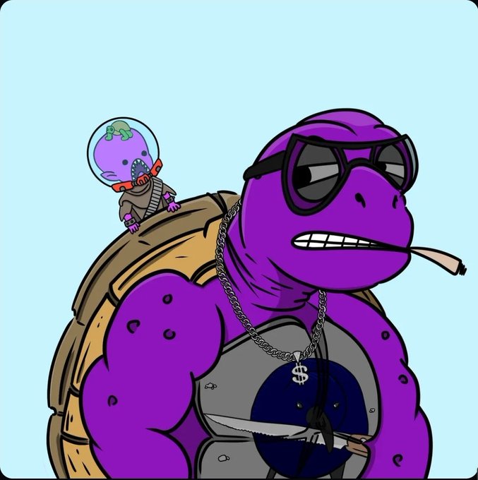 A cartoon illustration of a purple turtle wearing black sunglasses, a dollar sign necklace, and smoking a cigarette, with a knife in hand, while a smaller alien creature rides on its shell.
