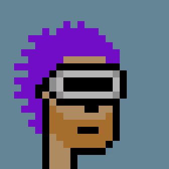 A pixel art character with a purple face, white headband, and orange body set against a blue background.