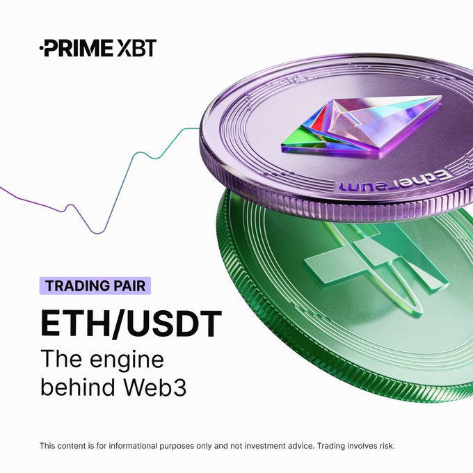 The image features a green and purple coin, possibly ether or usdt, placed on top of another coin. The text "ETH/USDT" can be seen on both coins. The background of the image is white with a line drawn through it. Below this, there's some text that reads "Focus on what is in the image and how it relates to the post".