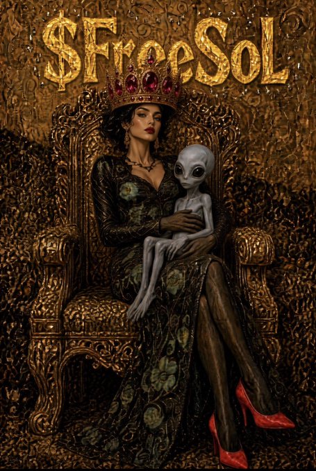A regal woman in a crown and dark gown sits on an ornate golden throne holding a grey alien figure, with bold gold "$FreeSOL" lettering displayed above. The image ties to the post by promoting the FreeSOL Solana token, using royal and otherworldly imagery to suggest a "meme-king" or otherworldly currency vibe often seen in crypto branding.
