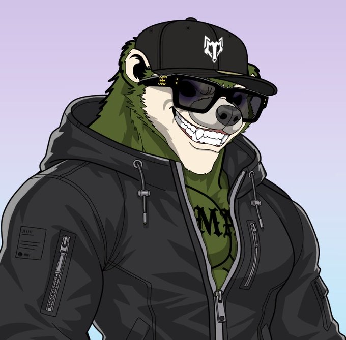 A stylized illustration of a smug green bear mascot wearing black sunglasses, a black baseball cap with a white logo, and a dark bomber jacket over a green shirt.