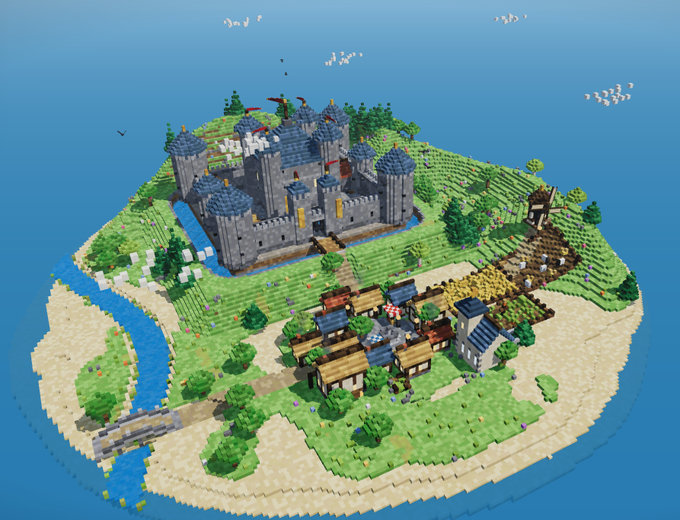 A Minecraft-style voxel island features a grand medieval castle surrounded by farmland and a small village, set against a blue sky. The image serves as an allegorical "island" fortress for AI dominance, visually representing the contained competition between OpenAI, DeepSeek, and Anthropic as the latter prepares for a high-stakes IPO.