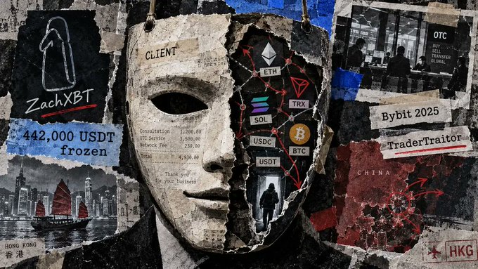 A collage-style graphic with the text 'ZachXBT' and '442,000 USDT frozen,' showing a fragmented mask revealing cryptocurrency logos (ETH, SOL, TRX, USDC, BTC, USDT) connected to topics like 'Bybit 2025' and 'TraderTraitor'.
