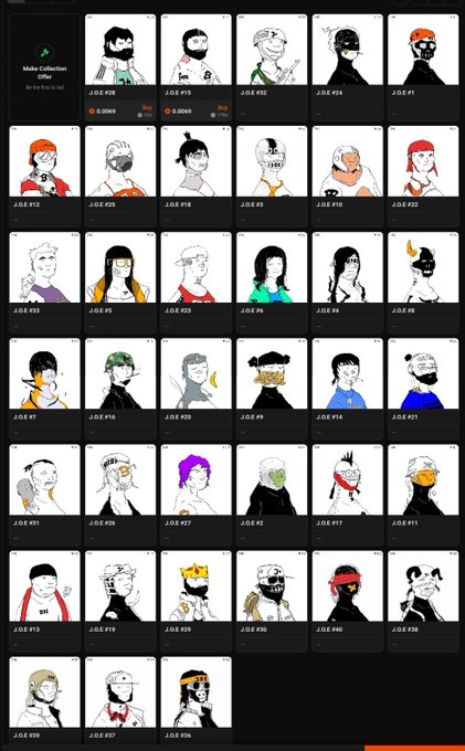 A screenshot of a 'Make Collection' NFT offer page displaying a grid of cartoon character profile pictures labeled J.O.E #7 through J.O.E #39.