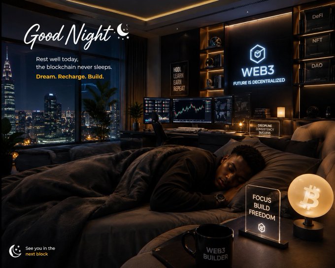 A dark-themed "Good Night" graphic showing a person sleeping with "WEB3 - FUTURE IS DECENTRALIZED" signage, cryptocurrency trading screens, and motivational text about blockchain.