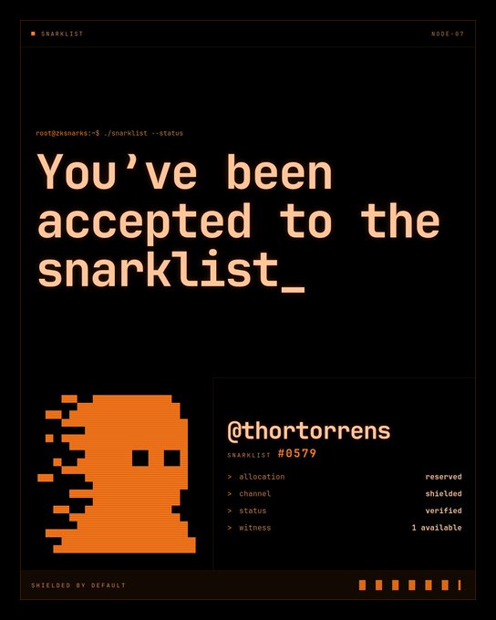 A terminal-style graphic announcing 'You've been accepted to the snarklist_' for the user '@thortorrens' (SNARKLIST #0579), featuring an orange pixelated character illustration.
