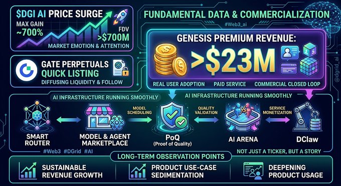 Infographic about DGI AI price surge showing FDV >$700M, fundamental data, and Genesis Premium Revenue >$23M with AI infrastructure flow including Smart Router, Model & Agent Marketplace, PoQ, AI Arena, and DClaw.
