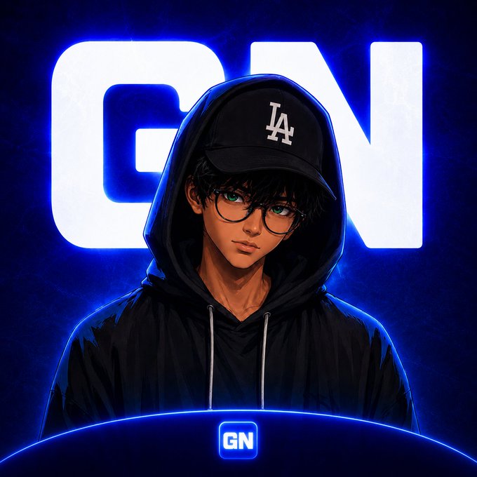 An anime-style illustration of a character with glasses wearing a black hoodie and LA cap, set against large blue 'GN' letters with a small 'GN' logo at the bottom.