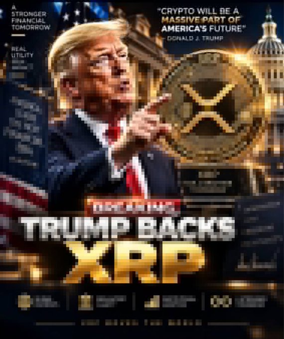 Promotional image featuring Donald Trump with the text "TRUMP BACKS XRP" and a quote "CRYPTO WILL BE A MASSIVE PART OF AMERICA'S FUTURE" alongside an XRP coin graphic.