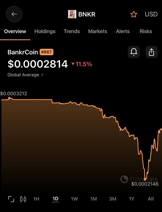 A mobile app screen showing the cryptocurrency 'BNKR' (BankrCoin #867) priced at $0.00002814 USD, down 11.5%, with a downward-trending line chart from CoinGecko.