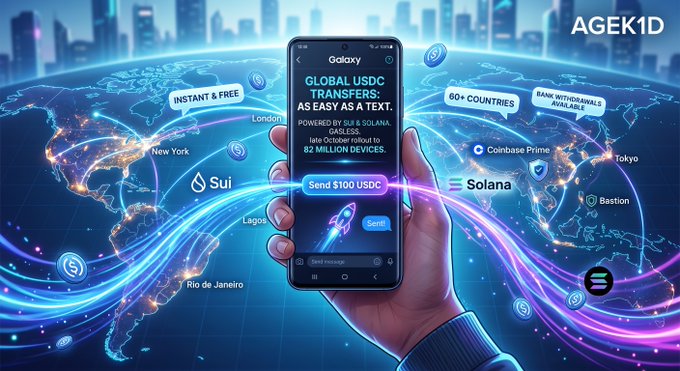 A promotional graphic by AGEK1D showing a hand holding a smartphone displaying 'GLOBAL USDC TRANSFERS' powered by Sui and Solana, set against a world map with glowing connections.