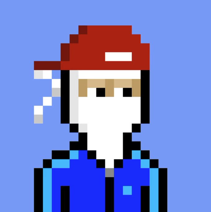 A pixel art illustration of a bearded character wearing a red backwards cap and blue jacket against a blue background.