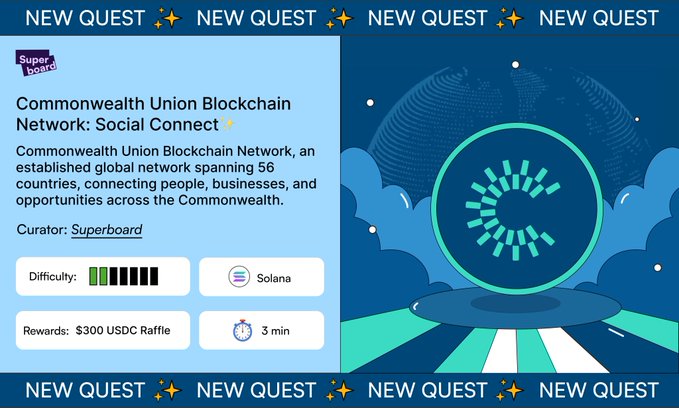 The image features a screen with blue and white background, showcasing a poster for Commonwealth Union Blockchain Network Social Connect event. The poster displays the title "New Quest" at the top and emphasizes the importance of joining the event. There are two options displayed on the screen: "Superboard" and "raffle", both related to the cryptocurrency world. The image also includes text about the new quest, highlighting the importance of participating in this worldwide social experiment that aims to connect people across different countries through their mutual love for cryptocurrency.