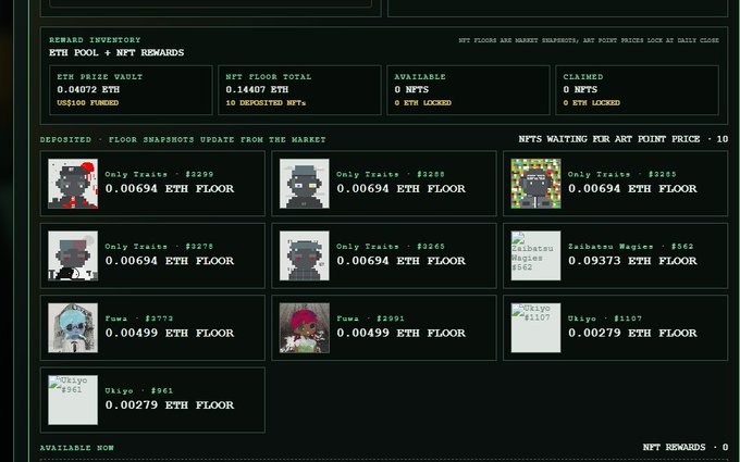An NFT reward inventory dashboard showing ETH Pool and NFT Rewards with 0.04072 ETH in the prize vault, 0.14407 ETH NFT floor total, listing pixel-art style NFTs like 'Only Traits' and 'Okiyo' with their respective ETH floor prices.