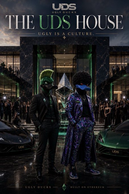 Two figures wearing duck masks—one green mohawk and one purple afro with a blue bill—stand in front of the luxurious "UDS HOUSE" branded as "UGLY DUCKS" with the tagline "UGLY IS A CULTURE," flanked by sleek sports cars and an Ethereum logo at the bottom, promoting the UGLY DUCKLABZ NFT collection as a bold, exclusive crypto lifestyle brand. The image visually reinforces the post's call to "go mint a duck" by showcasing the quirky, high-end aesthetic of the Ugly Ducks NFT project.