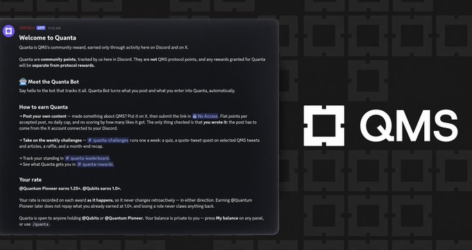 A Discord informational post titled 'Welcome to Quanta' explaining how to earn Quanta community points through the Quanta Bot on the OMNY network, with the QMS logo displayed on the right.