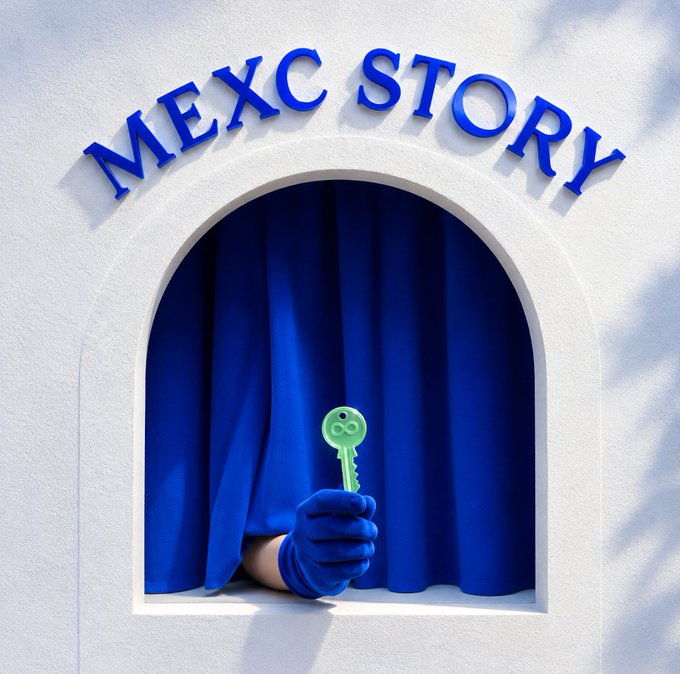 A hand wearing a blue glove emerges from behind a blue curtain in a white arched doorway labeled "MEXC STORY," holding up a green key marked with an infinity symbol—symbolizing the "key" to infinite (green) opportunities referenced in the caption.