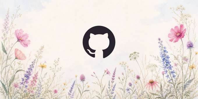 The image features the GitHub logo (a black circular icon with the Octocat silhouette) centered on a soft, watercolor-style background adorned with pink, purple, and yellow wildflowers, conveying a gentle "blooming" or progress-themed aesthetic that complements the announcement about completing the first review pass for Programmable Builder submissions.