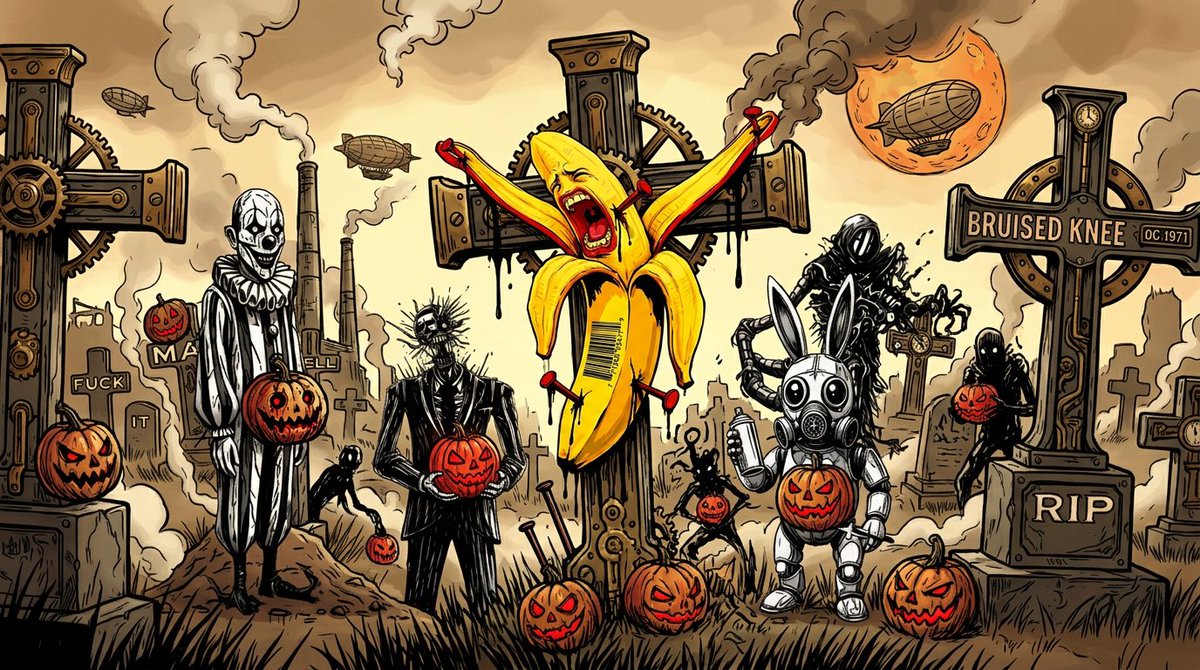 A dark, gothic-style Halloween illustration featuring a screaming banana on a cross surrounded by creepy clown, skeleton, and gas mask figures holding jack-o'-lanterns, with 'BRUISED KNEE' and 'RIP' gravestones.