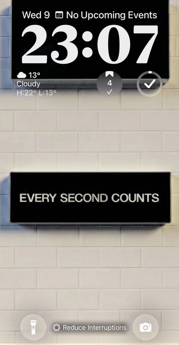 An iPhone lock screen displays the time 23:07 on Wed 9 with cloudy weather at 13°, and a widget banner reads 'EVERY SECOND COUNTS' against a white subway tile background.