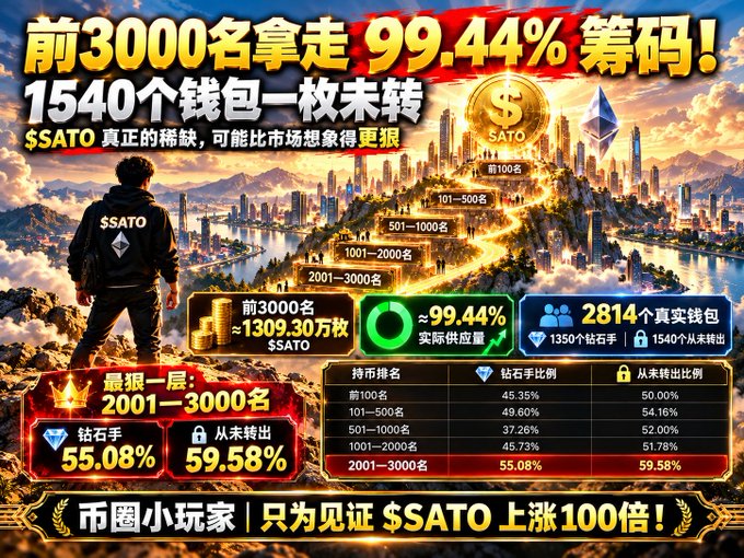 A promotional graphic for the cryptocurrency $SATO features Chinese text claiming that the top 3000 holders control 99.44% of the supply, with statistics about wallet distribution and diamond hand percentages displayed in gold and green boxes.