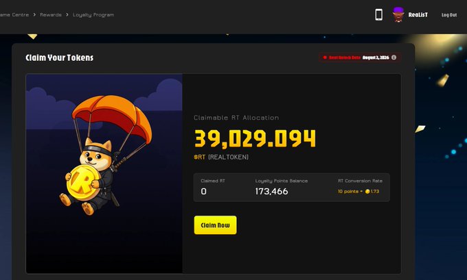 A 'Claim Your Tokens' webpage interface displays 'Claimable RT Allocation: 39,029.094 RT (REALTOKEN)' with a 'Claim Now' button and an illustration of a parachuting dog.