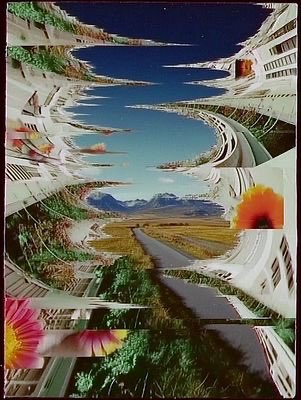 A surreal, mirrored photo collage featuring a winding river, mountains, flowers, and architectural elements creating a kaleidoscopic landscape effect.