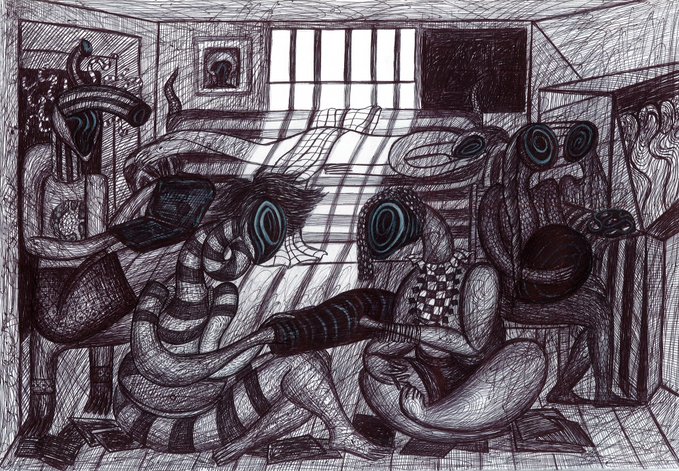 The image features a black and white drawing of people sitting around a table, with some of them holding pens or pencils. The scene appears to be set in an art studio or a similar creative environment. There are at least six individuals depicted in the drawing, each engaged in their own activities. The post also includes text that reads "Good morning New drop on @objktcom Pen on paper #tezosnft E #nft". This suggests that someone has posted this image with a caption about the artwork and its inspiration or context.