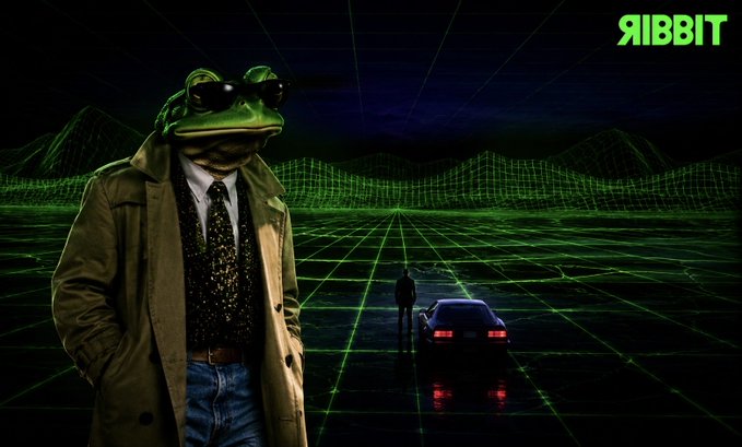 A retro synthwave-style image featuring a figure with a frog head wearing sunglasses and a trench coat against a green wireframe grid landscape with 'RIBBIT' text in the top right corner.