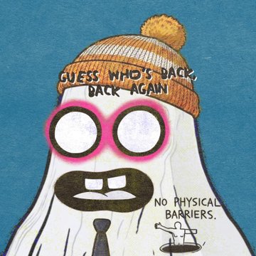 A cartoon illustration shows a white ghost-like figure wearing a pink and white beanie that reads 'GUESS WHO'S BACK? BACK AGAIN', with 'NO PHYSICAL BARRIERS' and a small wheelchair icon.