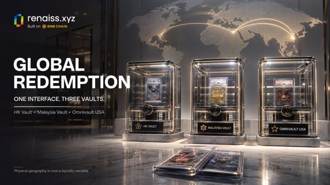 A promotional graphic for 'rendiss.xyz' built on BNB Chain, advertising 'GLOBAL REDEMPTION' with the tagline 'ONE INTERFACE. THREE VAULTS.' showing three display cases labeled 'HK VAULT', 'MALAYSIA VAULT', and 'OMNIVault USA' against a world map background.