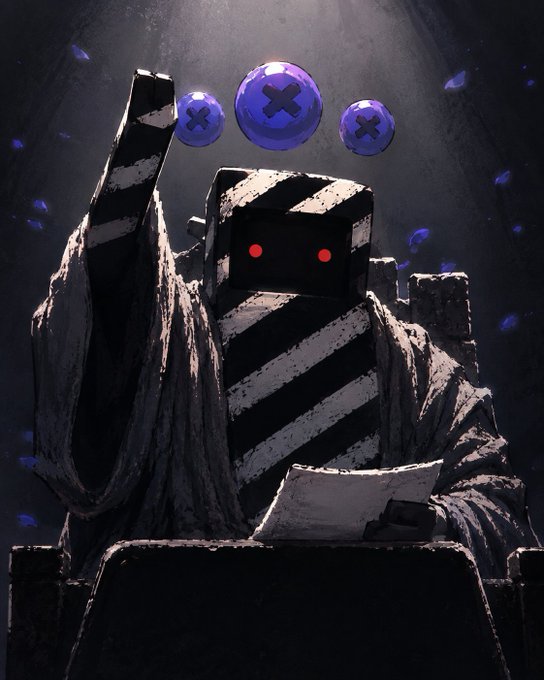A blocky, robotic figure with glowing red eyes sits on a throne-like chair, holding an open book, surrounded by floating blue orbs marked with X's in a dark, dramatic setting. The image serves as a metaphorical representation of the "Blueberries" sales update, with the red-eyed figure symbolizing an authoritative entity overseeing the growing success and rising floor price ($3,800) of the RH machines.