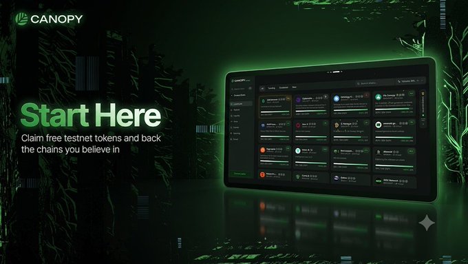 A promotional banner for the Canopy platform reading "Start Here — Claim free testnet tokens and back the chains you believe in," featuring a dark green-themed dashboard screenshot of a testnet faucet interface.