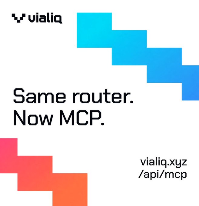 A promotional graphic for 'vialiq' featuring a pixelated blue-to-pink stair-step pattern, with text 'Same router. Now MCP.' and the URL 'vialiq.xyz/api/mcp'.