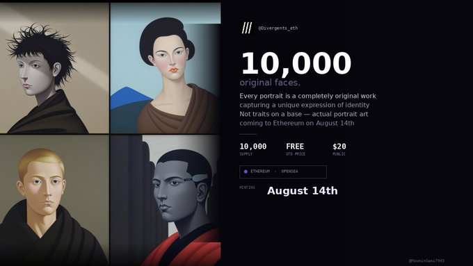 An NFT drop announcement for '10,000 original faces' by @liverpoints_eth, stating 'Every portrait is a completely original work' on Ethereum with a mint date of August 14th and an SVG QTD price of $20.