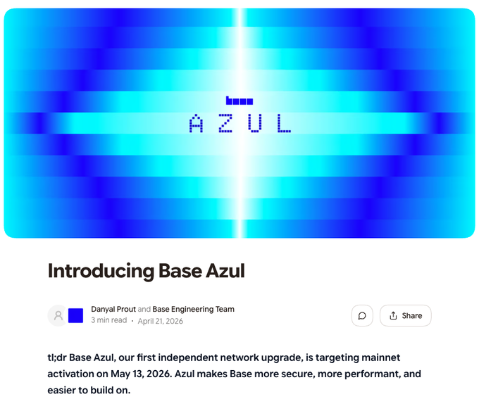 The image shows a website with a blue background featuring white text that reads "Introducing Base Azul". The website also includes a link to an article about the company's new project, which is titled "Base @base Launches Azul Upgrade, is targeting mainstream networks, and makes Base more secure, more performant, and easier to build on."