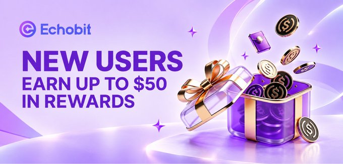 A promotional banner for Echobit advertising 'NEW USERS EARN UP TO $50 IN REWARDS' with a purple theme and an image of a gift box filled with gold coins.