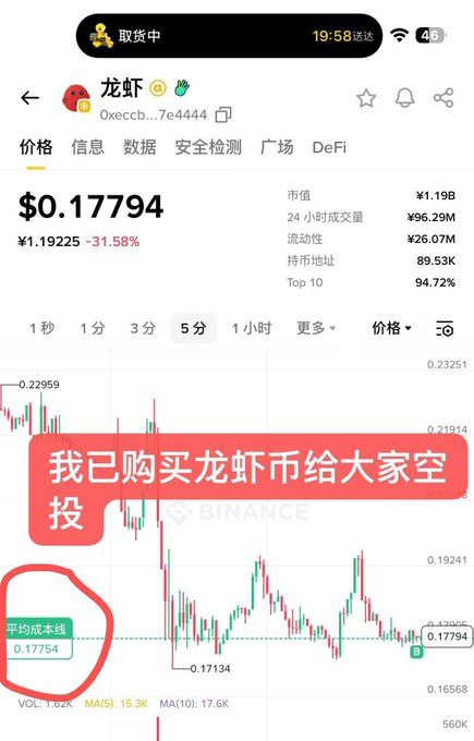 A Binance mobile app screenshot showing the '龙虾' (Lobster) cryptocurrency token at $0.17794, down 31.58%, with a red annotation in Chinese stating '我已购买龙虾币给大家空投' (I have bought lobster coins to airdrop to everyone).