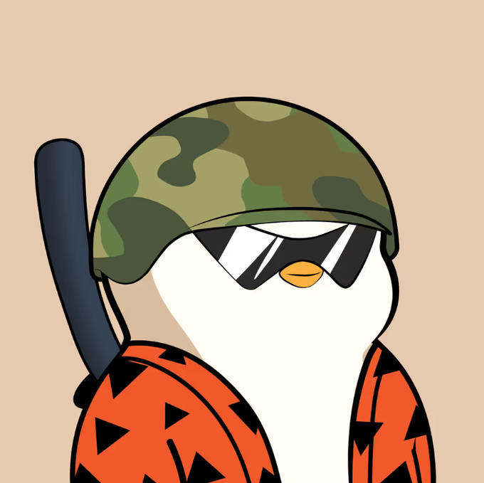An illustration of a penguin character wearing a camouflage helmet, dark sunglasses, and an orange shirt with black triangular patterns, holding a black object resembling a gun barrel.