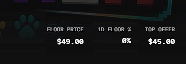 A dark-themed interface displaying NFT market data showing a floor price of $49.00, 0% 1D floor change, and a top offer of $45.00.