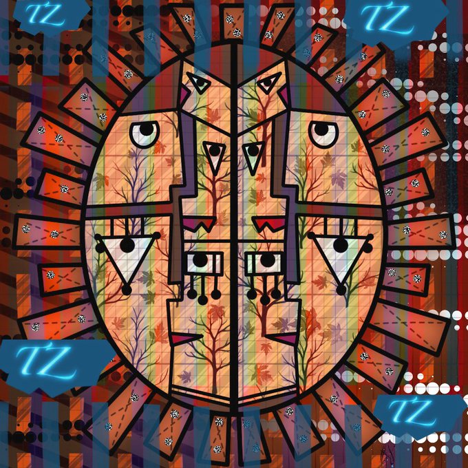 An abstract digital artwork featuring a symmetrical face-like composition in warm orange and red tones, overlaid with grid patterns, geometric shapes, and blue neon-style markings.