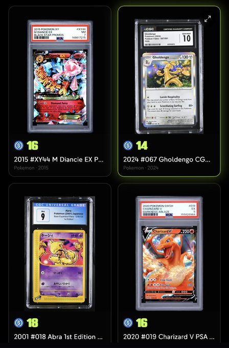 Four PSA and CGC graded Pokémon cards displayed: a 2015 M Diancie EX PR PSA 10 (#16), 2024 #067 Gholdengo CG CGC 10 (#14), 2001 #018 Abra 1st Edition CGC 9 (#18), and 2020 #019 Charizard V PSA 10 (#16).

The image showcases the user's high-value graded Pokémon card collection, highlighting the irony of selling valuable assets like a PSA 10 Charizard V and other rare cards just to lose the proceeds ripping packs on Slabzapp, ending up with only common cards sold at significant losses.