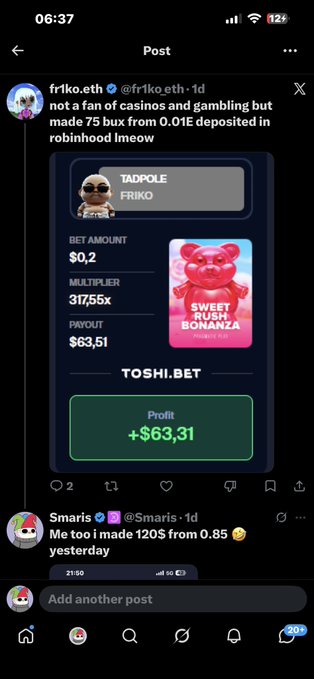 A screenshot of a social media post by @friko.eth claiming to have made 75 BUX from a 0.01 ETH deposit on robinhood, showing a Toshi.bet 'Sweet Rush Bonanza' win with a bet of $0.20, multiplier 317.55x, payout $63.51, and profit of +$63.31.