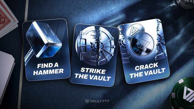 Three cards depict Thor's hammer, a cracked vault, and a vault coin, illustrating the "Find a Hammer, Strike the Vault, Crack the Vault" process from VAULT777. The visual metaphor directly relates to the post's explanation of the game mechanics.