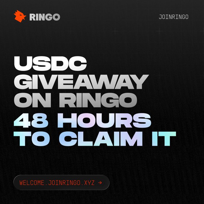 A promotional graphic for RINGO announces a 'USDC GIVEAWAY ON RINGO' with '48 HOURS TO CLAIM IT,' featuring the URL 'WELCOME.JOINRINGO.XYZ' on a dark textured background.